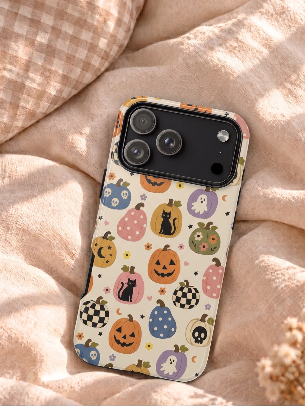 Boho Retro Halloween Pumpkin Black Cat Glossy Phone Case